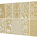 Decorative Wooden Room Dividers With Multiple Laser Cut Patterns And Gold Finish