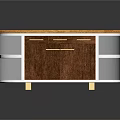 Elegant Modern Wooden Sideboard With Curved Top Gold Handles Open Shelves And Gold Legs