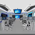 Futuristic High Tech Office Space With Large Digital Display Screen And Intelligent Control Console