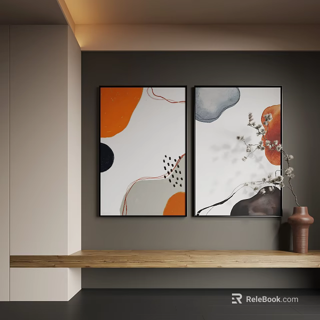 Modern Abstract Paintings With Curved Lines Orange Blue Gray Shapes And Wooden Shelf Decor 3d model 