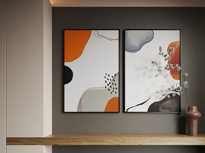 Modern Abstract Paintings With Curved Lines Orange Blue Gray Shapes And Wooden Shelf Decor 3d model