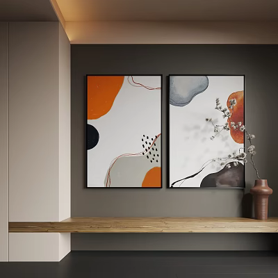 Modern Abstract Paintings With Curved Lines Orange Blue Gray Shapes And Wooden Shelf Decor 3d model