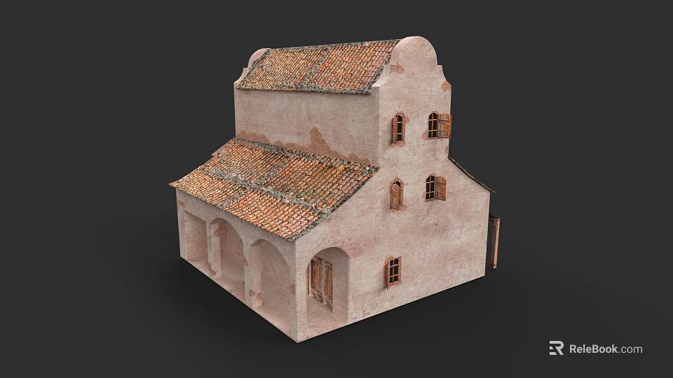 Detached Villa Featuring Red Tiled Roof Pink Walls Arched Windows And Porch 3d model 