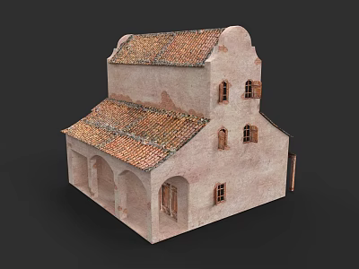 Detached Villa Featuring Red Tiled Roof Pink Walls Arched Windows And Porch 3d model