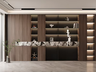 Modern Open Concept Restaurant Interior With Marble Countertop Wooden Shelves And Lighting 3d model