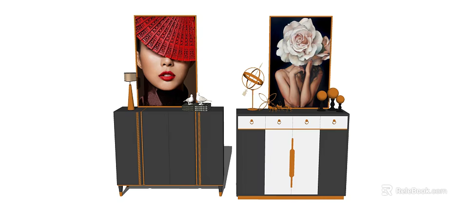Modern Entryway Console Cabinet And Side Cabinet With Artwork Gold Accents And Decor 3d model 