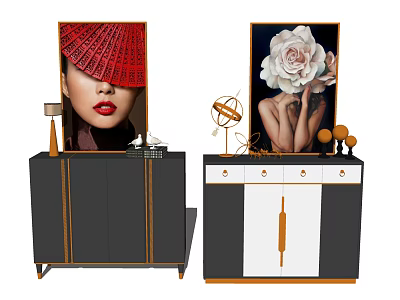Modern Entryway Console Cabinet And Side Cabinet With Artwork Gold Accents And Decor 3d model