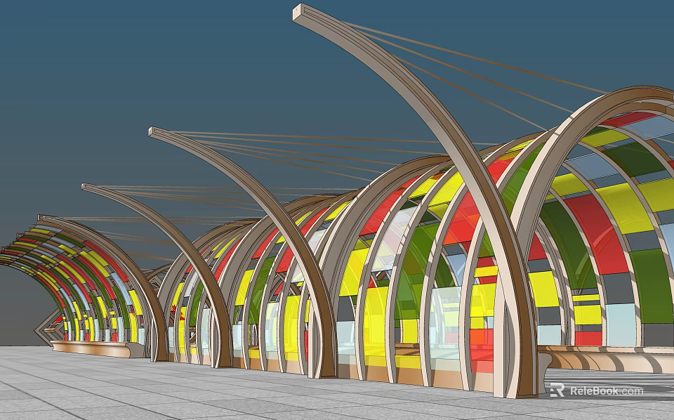 Elegant Modern Pergola With Colorful Stained Glass And Curved Arched Design 3d model 