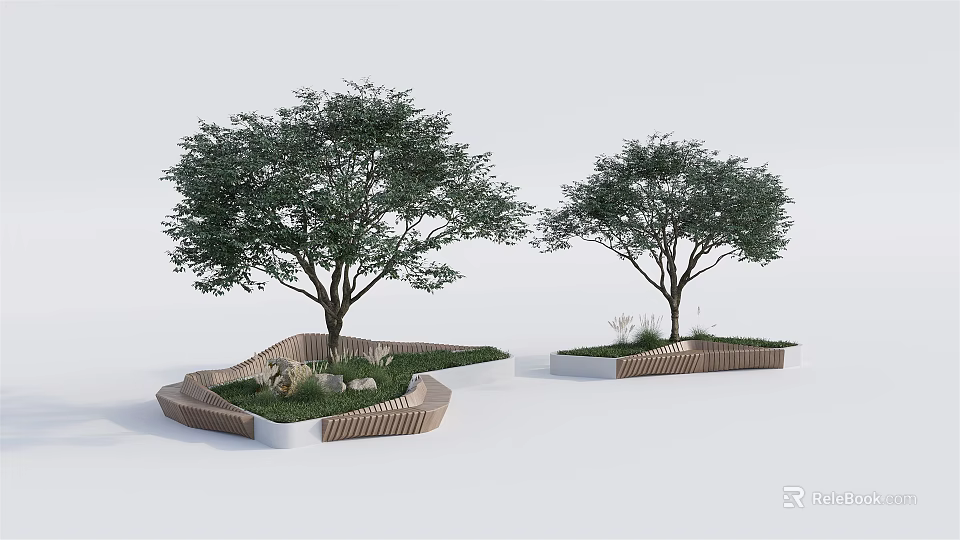 Modern Landscape Tree Pits Design With Trees Wooden Edges Grass And Stones 3d model 