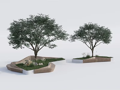 Modern Landscape Tree Pits Design With Trees Wooden Edges Grass And Stones 3d model