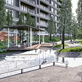 Elegant Pergola in Community Park with Lush Trees Seating and People Relaxing