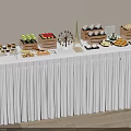 Assorted Desserts Fruits and Cakes on White Tablecloth Long Table with Eiffel Tower Model