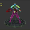 3D Game Movie Character Male Warrior With Mechanical Arm Golden Accent Armor And Weapon Standing Pose