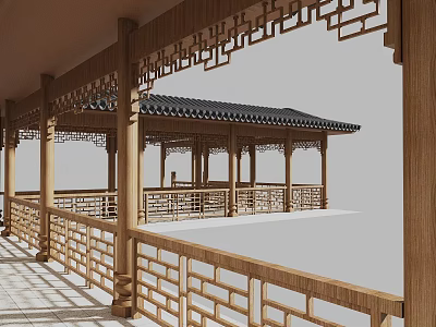 Traditional Chinese Architecture With Wooden Pavilion Black Tiled Roof And Intricate Carved Railings 3d model