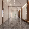 Elegant Hotel Corridor With Arched Ceilings Marble Flooring Wooden Decor And Benches