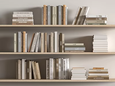 Neatly Arranged Books And Magazines On Wooden Bookshelf With Various Sizes And Neutral Tones 3d model