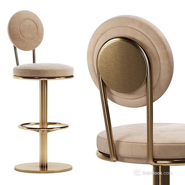Modern Bar Stool With Round Backrest Golden Metal Frame And Beige Upholstered Seat 3d model 