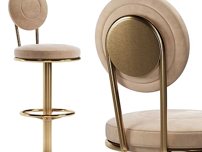 Modern Bar Stool With Round Backrest Golden Metal Frame And Beige Upholstered Seat 3d model