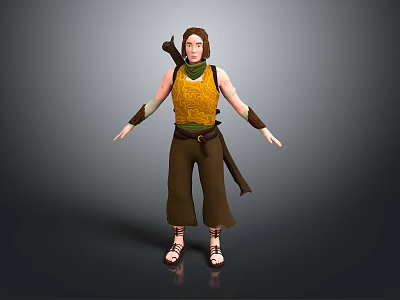 Woman wearing yellow vest and brown pants with shoulder sash standing arms outstretched adventurous warrior 3d model