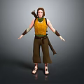 Woman wearing yellow vest and brown pants with shoulder sash standing arms outstretched adventurous warrior