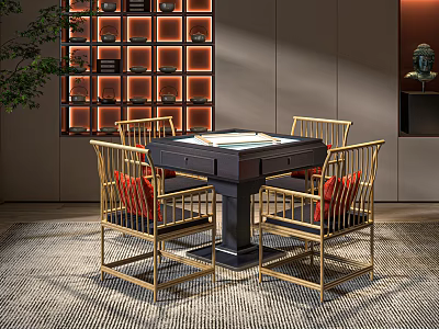 Elegant Mahjong Table With Four Golden Frame Chairs Red Cushions And Chinese Style Decorative Shelf In Modern Interior 3d model