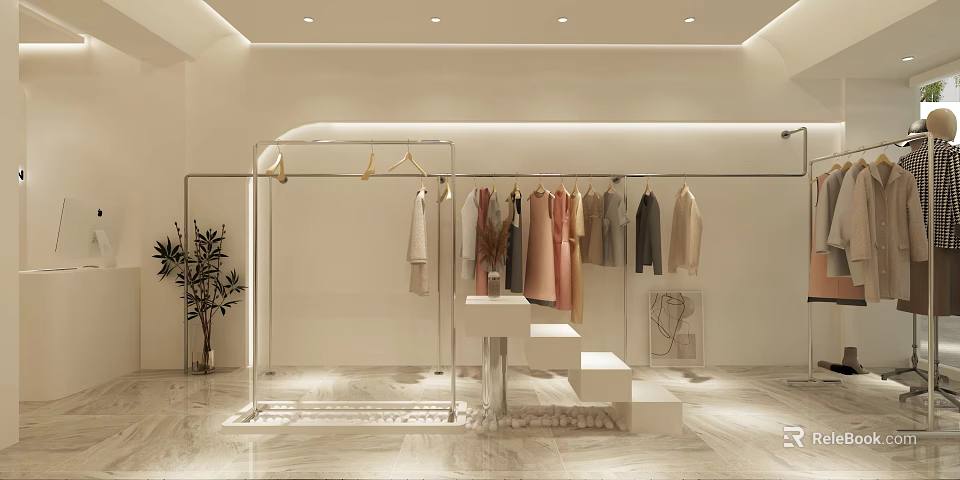 Modern Clothing Store Interior With Hanging Clothes Glass Display Rack White Stairs Green Plant 3d model 