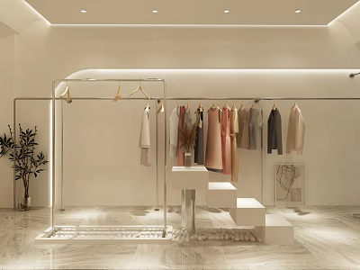 Modern Clothing Store Interior With Hanging Clothes Glass Display Rack White Stairs Green Plant 3d model