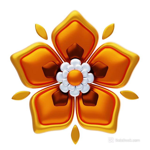 Flower Shaped Decorative Ornament Set With Orange Petals White Center And Brown Accents 3d model 
