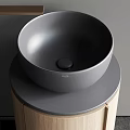 Modern Bathroom Washbasin With Wooden Cabinet Black Vessel Sink Round Mirror And Gold Faucet