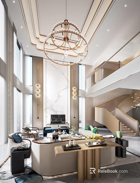 Modern Duplex Living Room Interior With Chandelier Staircase And Furniture 3d model 