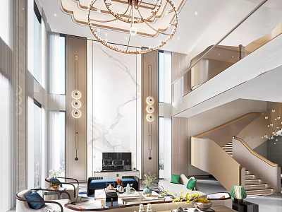Modern Duplex Living Room Interior With Chandelier Staircase And Furniture 3d model