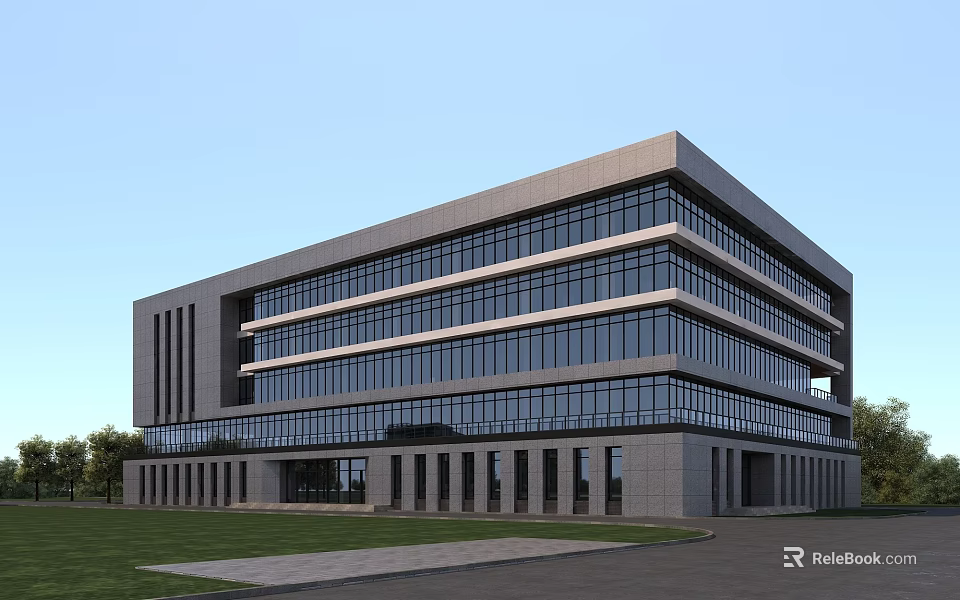 Modern Multi Story Office Building Exterior With Glass Curtain Walls And Gray Facade 3d model 