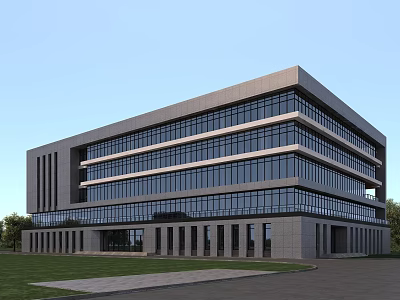 Modern Multi Story Office Building Exterior With Glass Curtain Walls And Gray Facade 3d model