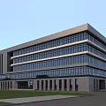 Modern Multi Story Office Building Exterior With Glass Curtain Walls And Gray Facade