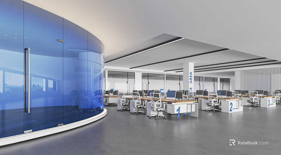Modern Public Office Space With Blue Glass Partitions Multiple Workstations White Desks And Computers 3d model 
