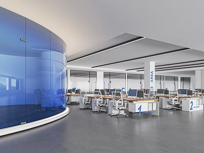 Modern Public Office Space With Blue Glass Partitions Multiple Workstations White Desks And Computers 3d model