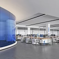 Modern Public Office Space With Blue Glass Partitions Multiple Workstations White Desks And Computers