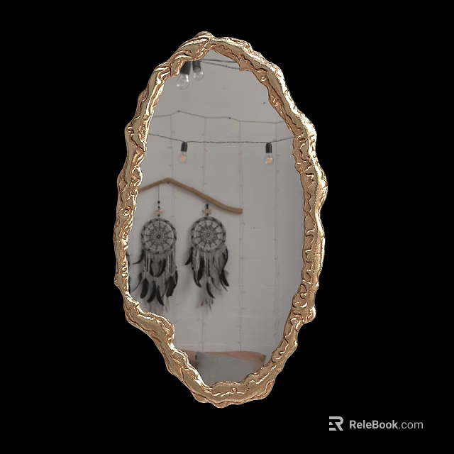 Ornate Gold Frame Wall Mirror With Decorative String Lights And Dreamcatchers 3d model 