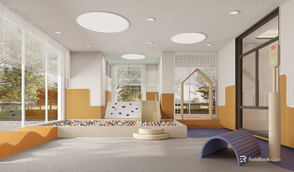 Kids Activity Room With Round Ceiling Lights Large Windows Sandpit Slide And Play Structures 3d model