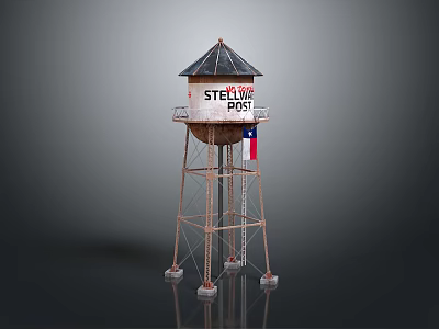 Stellar Texas Water Tower With Metal Frame Flag And Black Roof Design 3d model