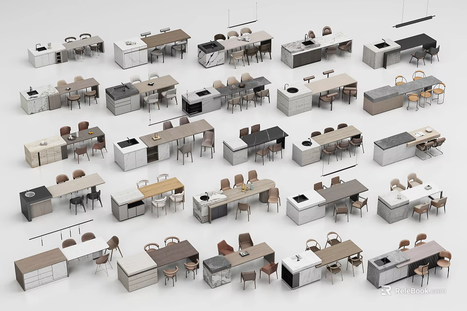 Modern Kitchen Interior Featuring Various Cabinet Designs And Wooden Tables Chairs 3d model 