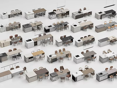 Modern Kitchen Interior Featuring Various Cabinet Designs And Wooden Tables Chairs 3d model