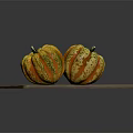 Two Vibrant Striped Pumpkins On Wooden Cutting Board For Food Preparation