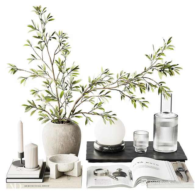 Decorative Ornament Set With Olive Branch Vase Candle Glass Cup And Book 3d model 