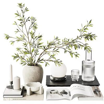 Decorative Ornament Set With Olive Branch Vase Candle Glass Cup And Book 3d model