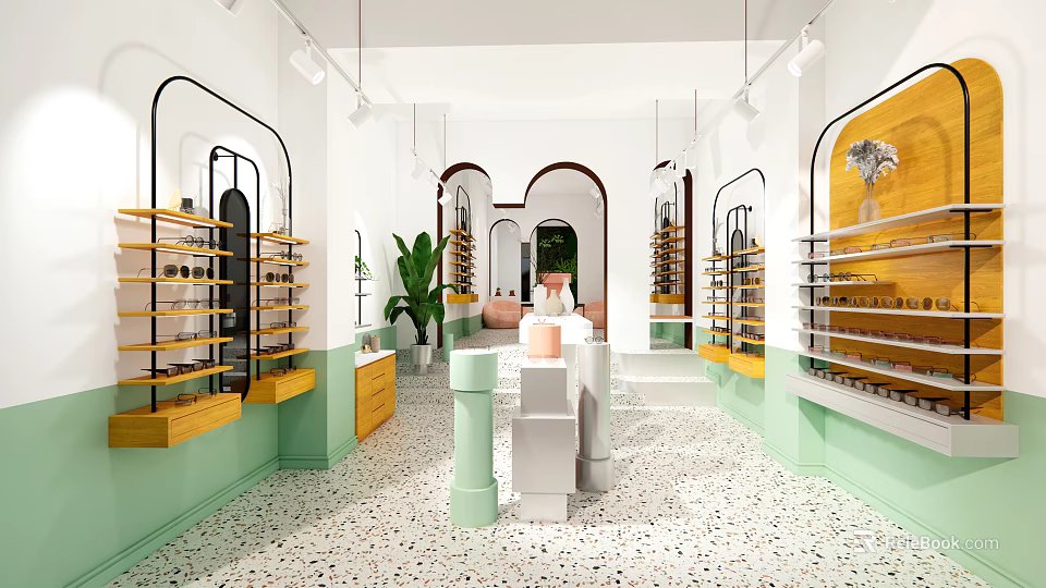 Modern Boutique Interior With Open Space Green White Decor Display Shelves Columns And Terrazzo Floor 3d model 