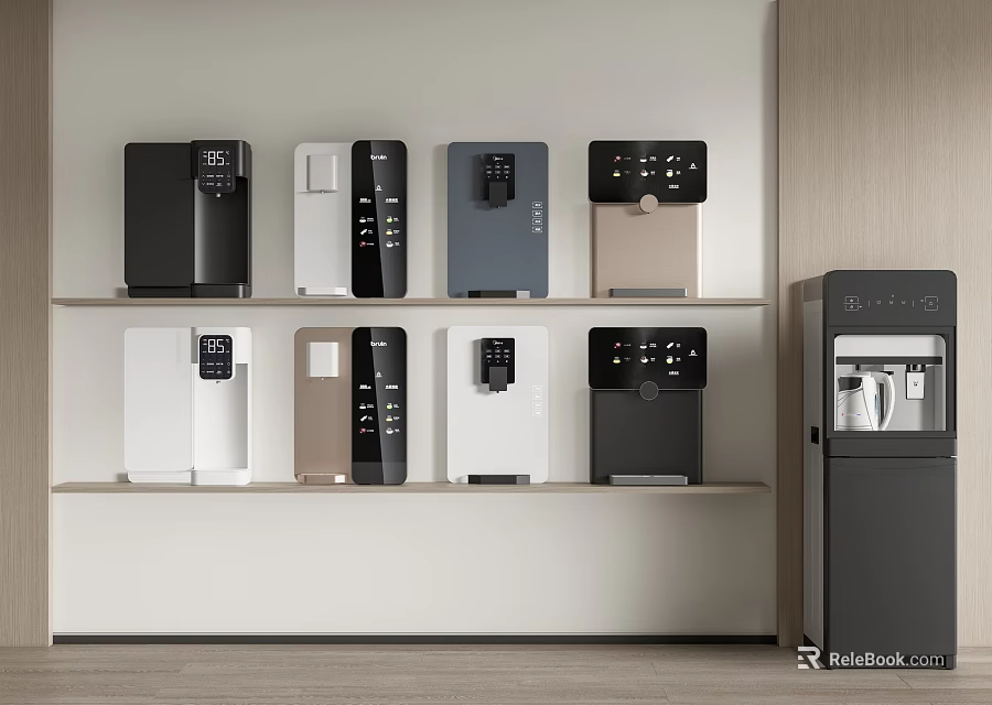 Various Styles Water Dispensers On Shelf Display And Floor Standing Unit 3d model 
