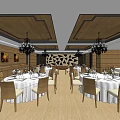 Elegant Restaurant Interior With Round Tables White Tablecloths Wooden Chairs And Chandeliers