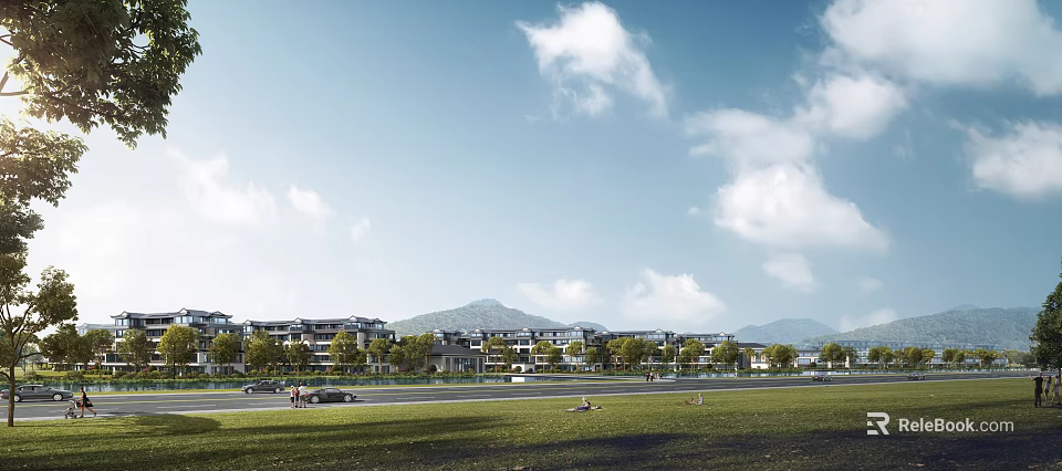 Modern Townhouses Exterior With Green Lawn Trees Distant Mountains And Blue Sky 3d model 