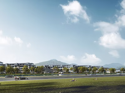 Modern Townhouses Exterior With Green Lawn Trees Distant Mountains And Blue Sky 3d model